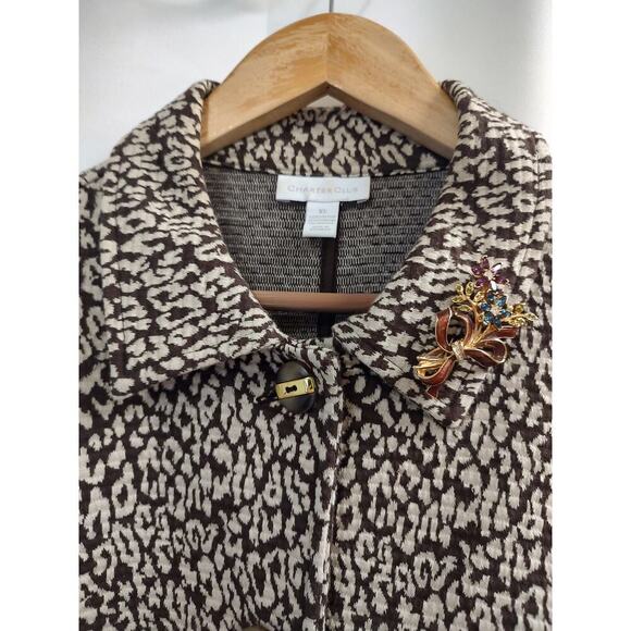 Charter Club Brown Cream Leopard Print Dress Jacket XL w/ Vintage Floral Brooch - Picture 6 of 16